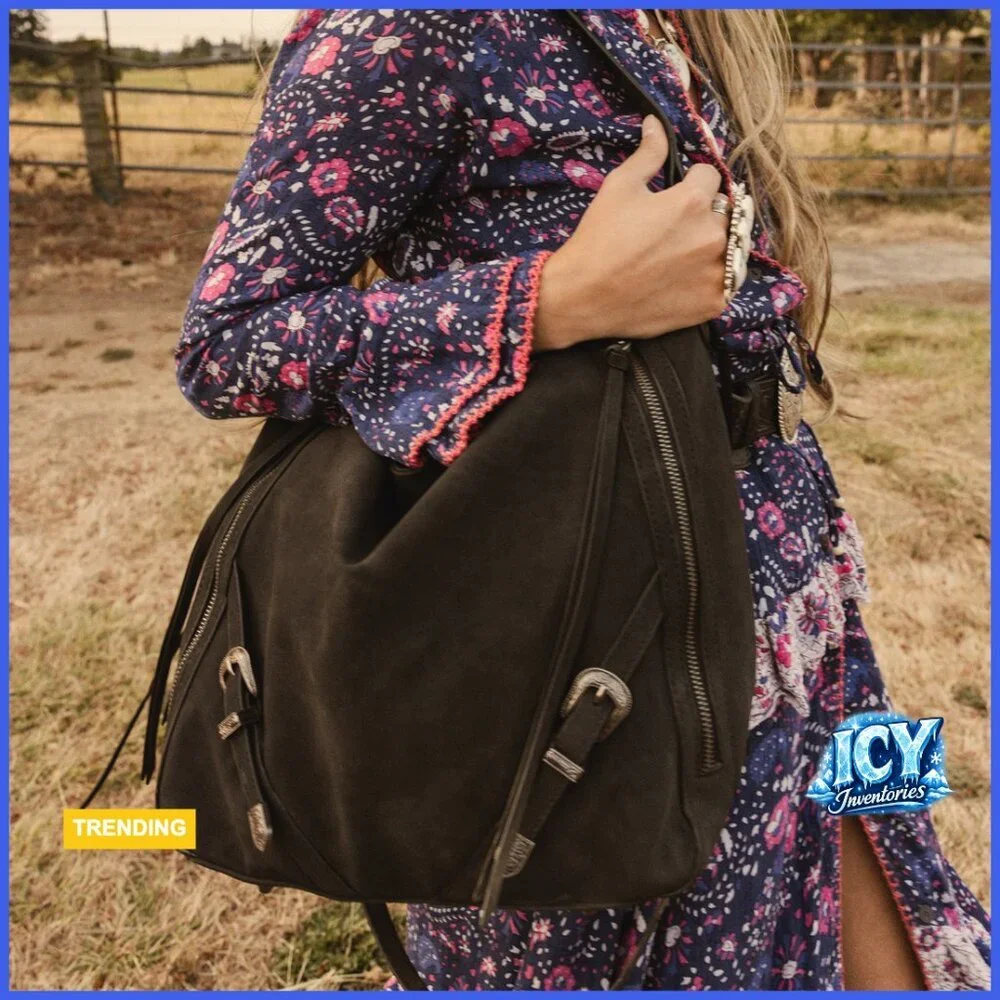 Large Faux Suede Hobo Bag with Fringe and Buckle Shoulder Purse